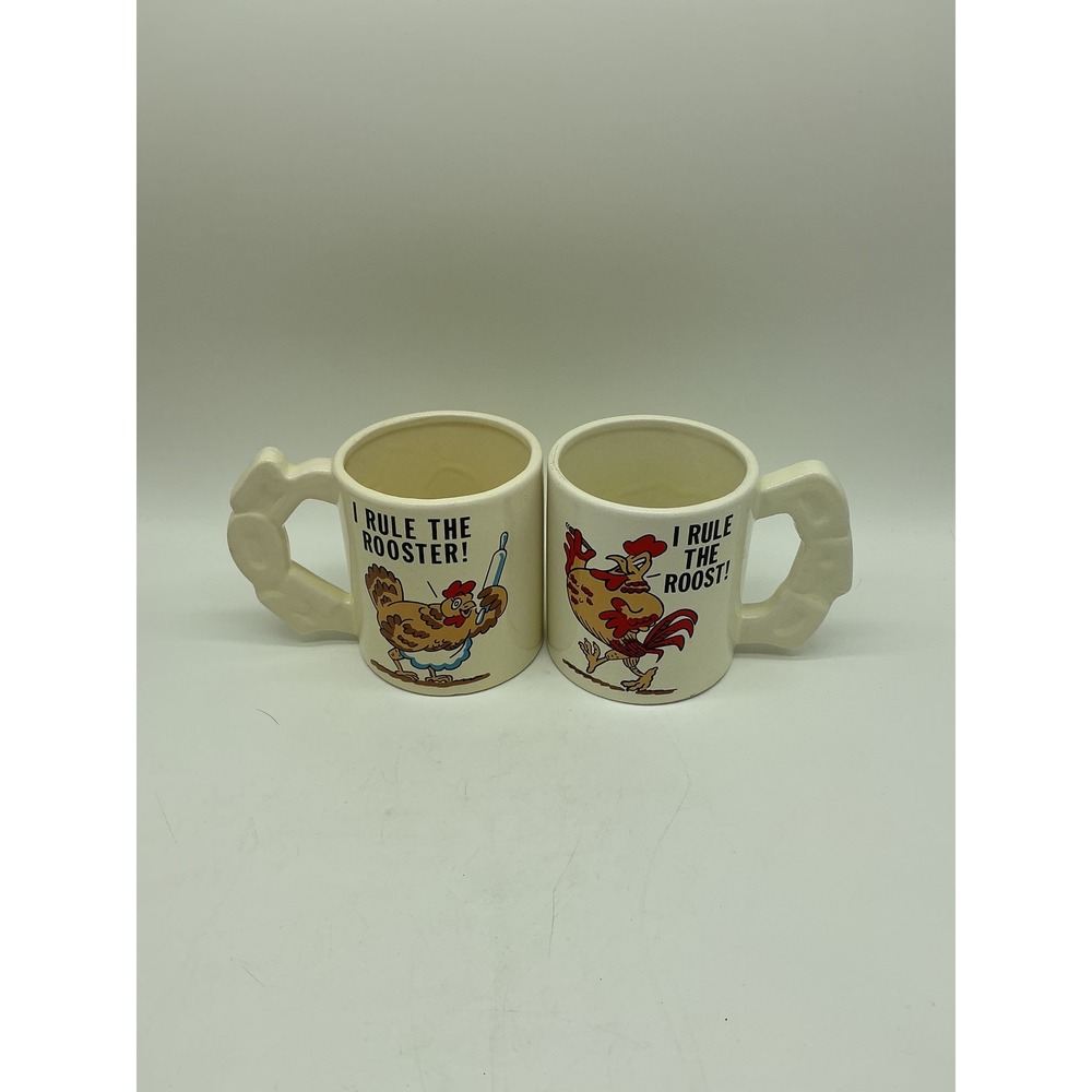 Vintage I Rule The Roost Mom and Dad Ceramic Mug Set Rooster Hen Novelty Coffee